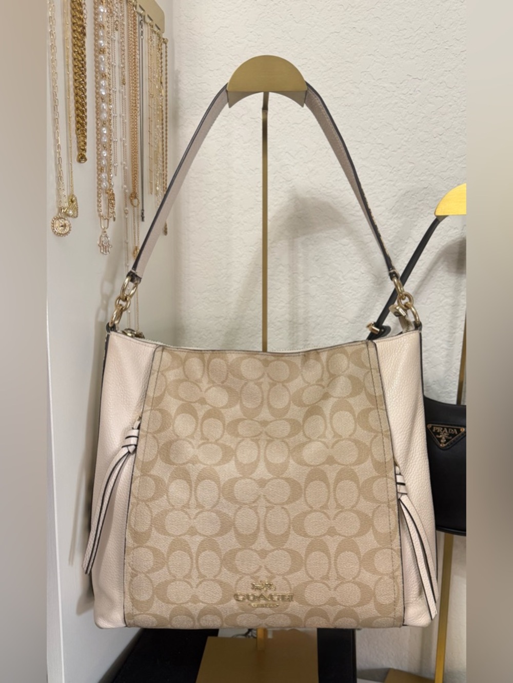 Coach Beige Signature Canvas Shoulder Hobo with Chalk Trim